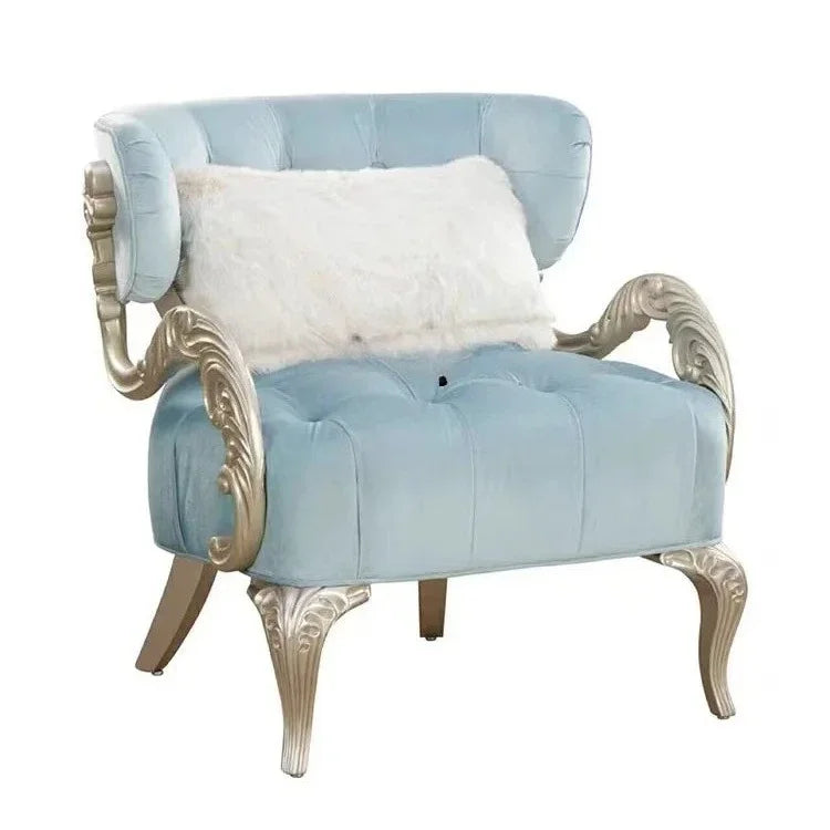 WWAmerican Light Luxury Wood Carved Couch Living Room Balcony Bedroom Fabric Craft Single Sofa Leisure