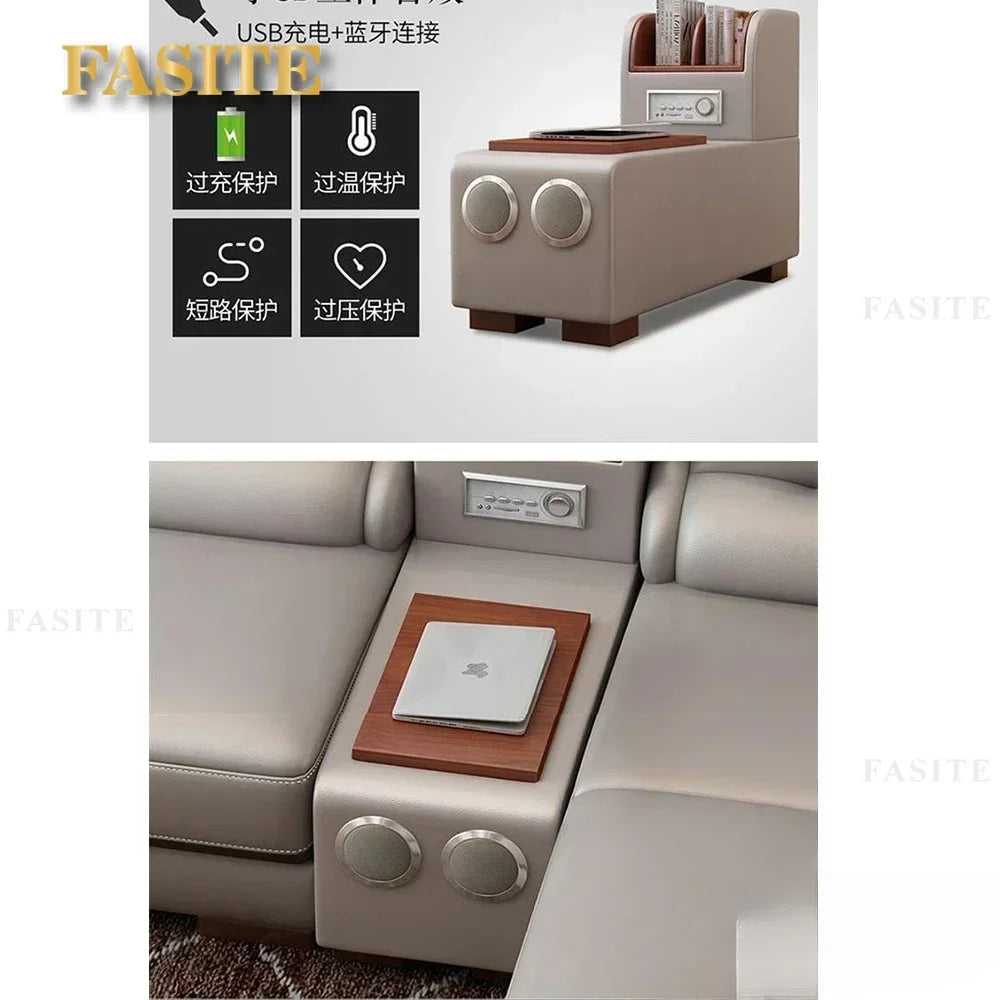 Genuine Leather Sofa With Bluetooth Speaker,USB And Adjustable Headrests - Nordic Italian Couch For Living Room Economically