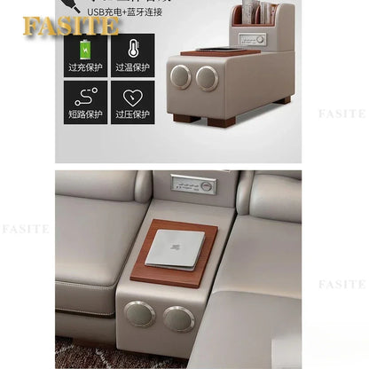 Genuine Leather Sofa With Bluetooth Speaker,USB And Adjustable Headrests - Nordic Italian Couch For Living Room Economically