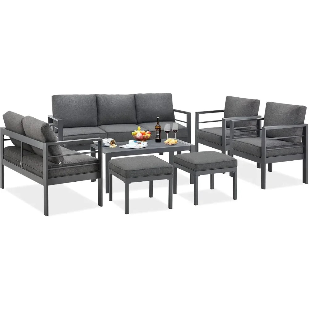 Aluminium modern patio furniture with coffee table, 7-piece outdoor conversation set, dark grey cushions, suitable for balcony