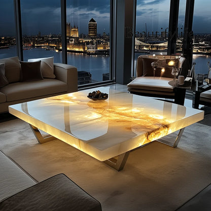 French square luminous jade luxury stone coffee table advanced modern natural marble living room minimalist