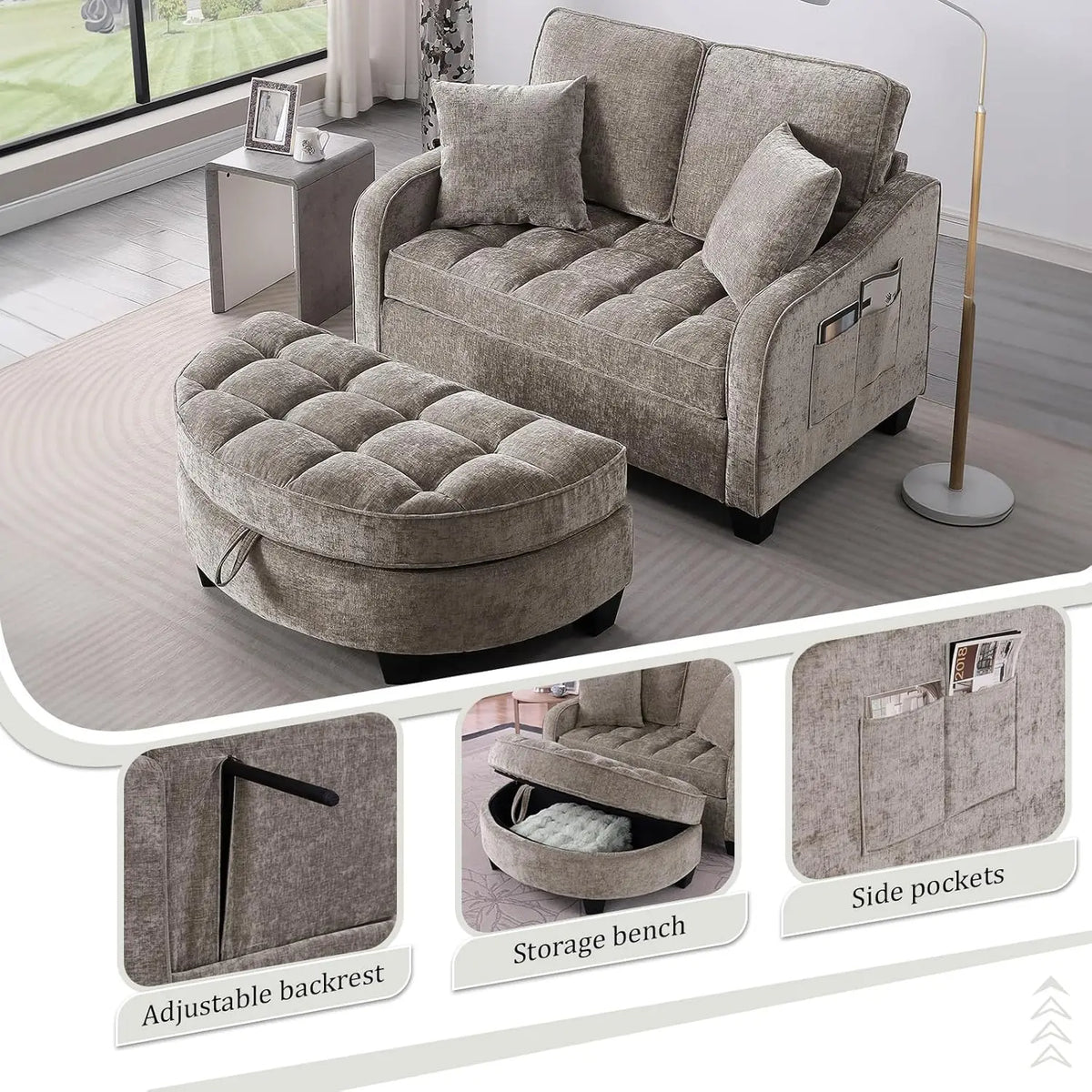 Oversized Curved Chaise Lounge Chair Indoor with Ottoman, 54.8