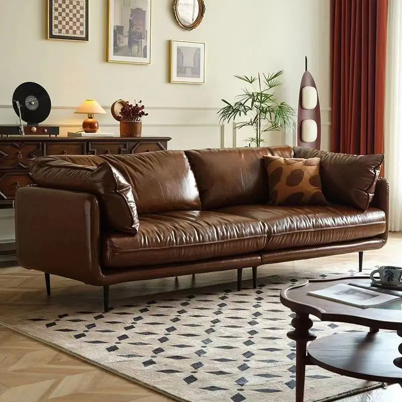 Retro oil wax leather living room sofa Modern simple small apartment sofa