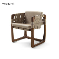 Wbert Modern Italian Leather Woven Leisure Dining Chair Solid Wood Courtyard Armchair For Hotel Villa Living Room