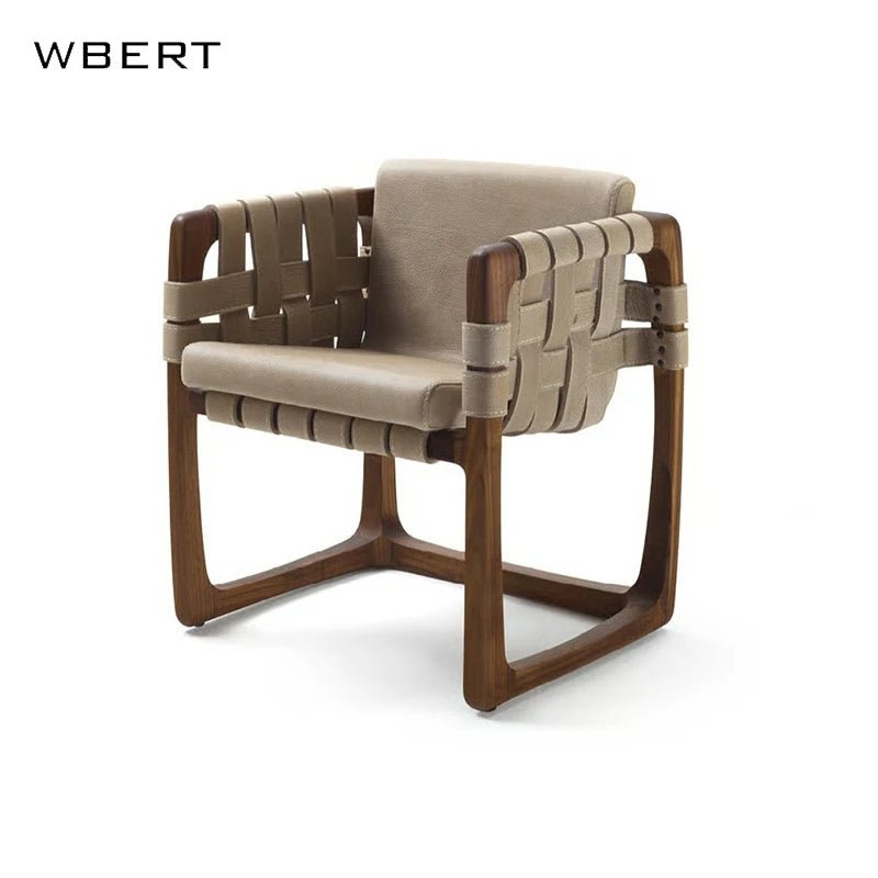 Wbert Modern Italian Leather Woven Leisure Dining Chair Solid Wood Courtyard Armchair For Hotel Villa Living Room