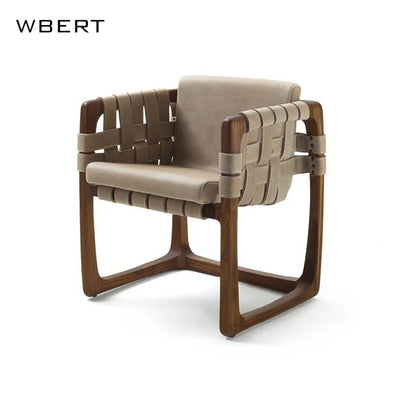 Wbert Modern Italian Leather Woven Leisure Dining Chair Solid Wood Courtyard Armchair For Hotel Villa Living Room
