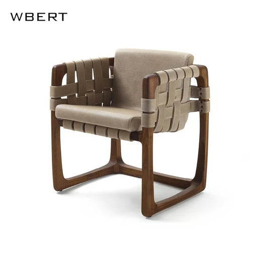 Wbert Modern Italian Leather Woven Leisure Dining Chair Solid Wood Courtyard Armchair For Hotel Villa Living Room
