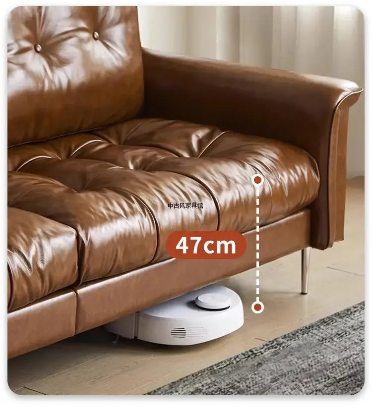 Medieval oil wax leather creative sofa living room retro old caramel color large straight row sofa