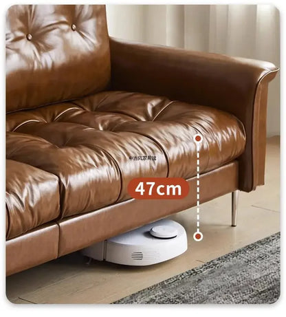 Medieval oil wax leather creative sofa living room retro old caramel color large straight row sofa