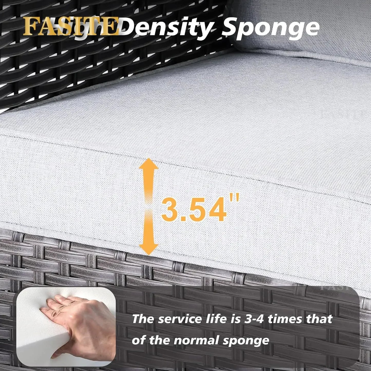 50,000 BTU Rectangular Propane Fire Pit Table 7-Piece High-Back Conversation Sofa and Matching Side Table,Grey Rattan Denim Blue