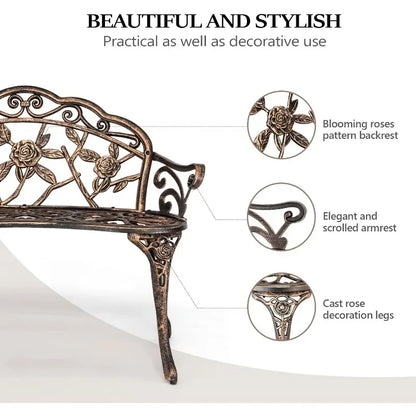 For 38.5" Patio Park Garden Outdoor Metal Rose Bench,Cast Iron Cast Aluminium Frame Antique Finish Chair Deck Furniture
