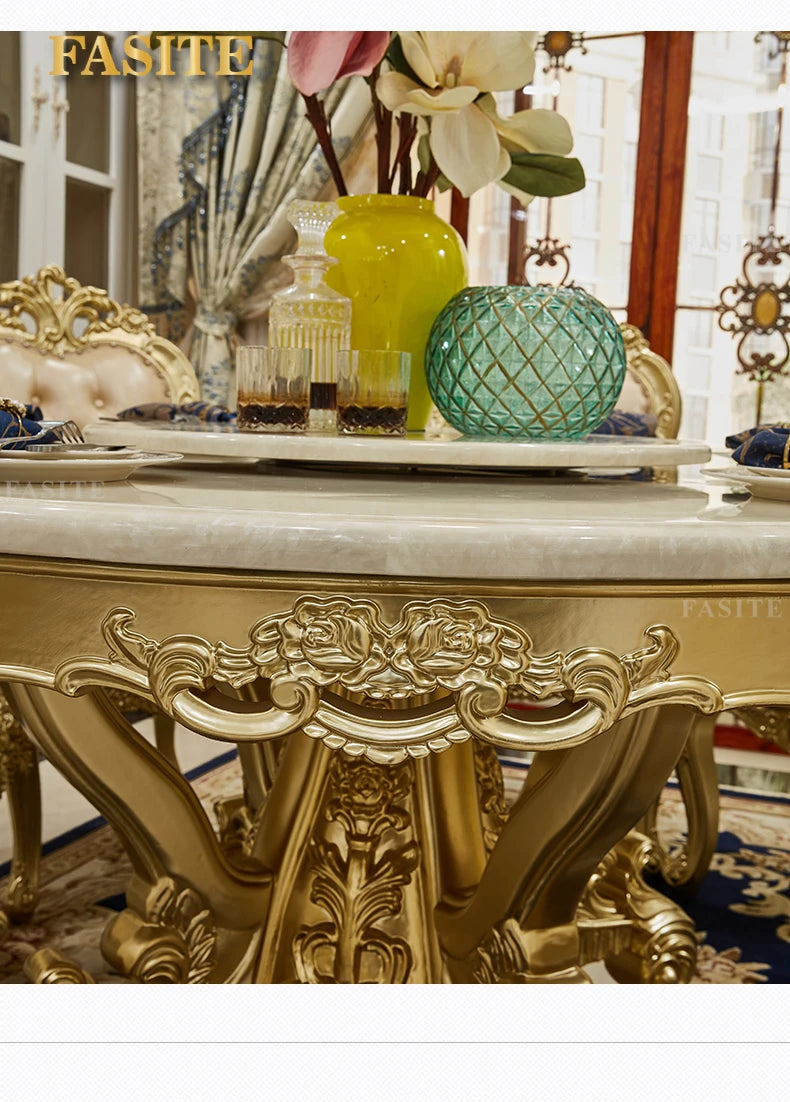 European round dining table and chair combination full solid wood carving flower dining table French marble round dining table