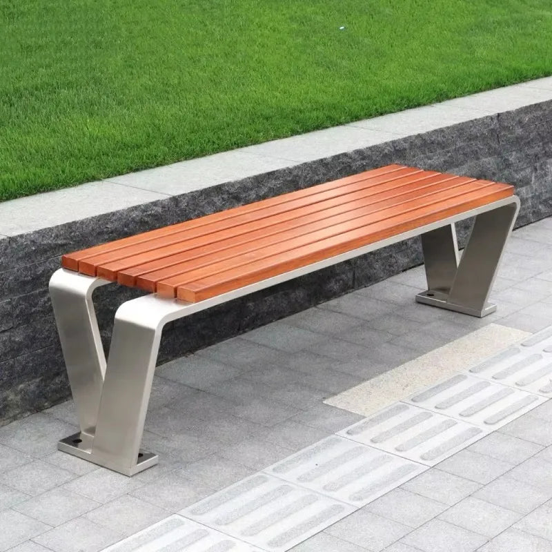 Banc de jardin extérieur moderne en acier inoxydable, chaise populaire, sièges d'entrée et de parc sans dossier, finition bois, offre spéciale