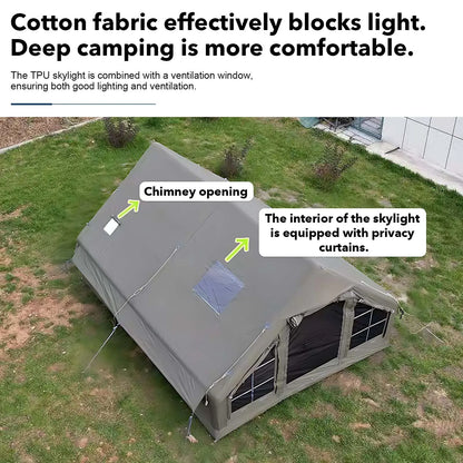 Army Green Waterproof Windproof Inflatable Tent for Camping,4 Season Air Glamping Tent House with Chimney Opening,AC Vent