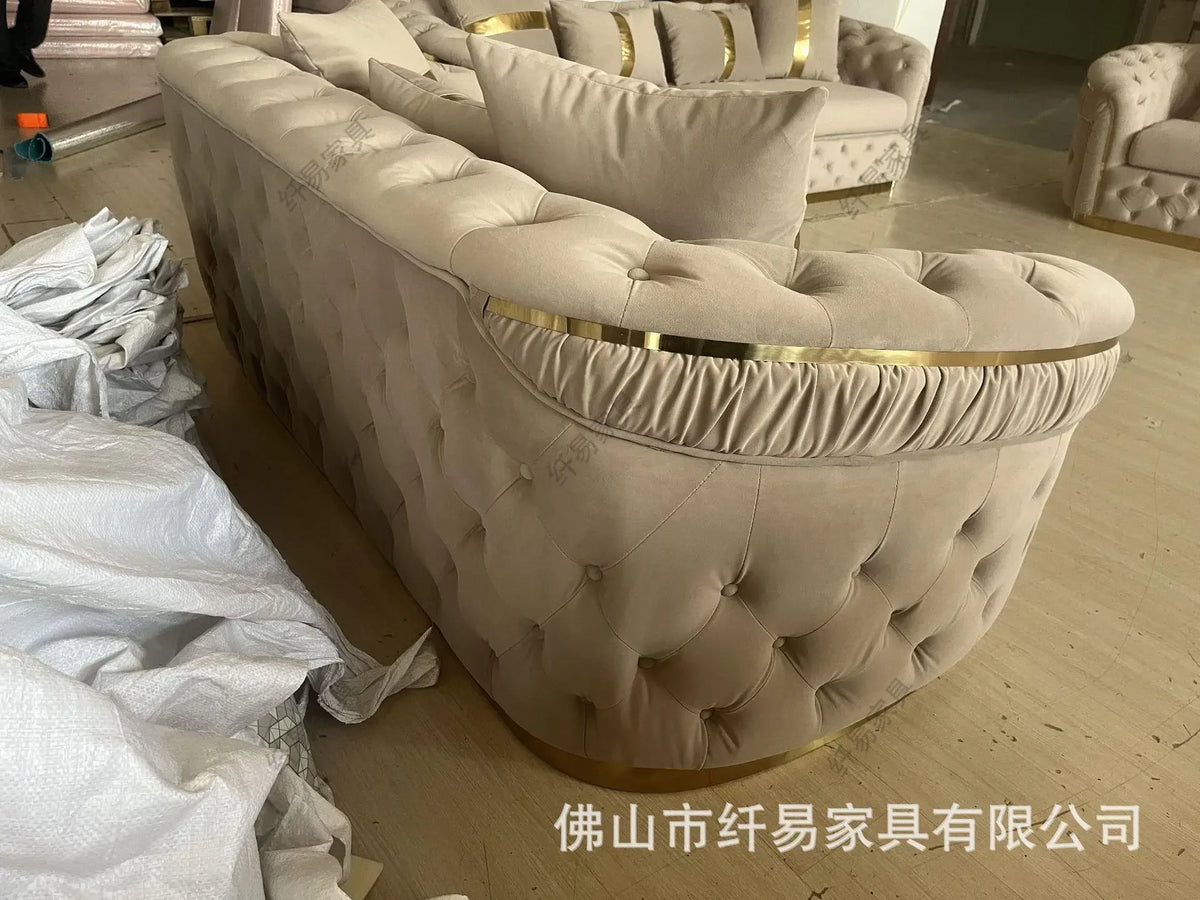 05-American fabric buckle sofa European light luxury velvet simple straight sofa