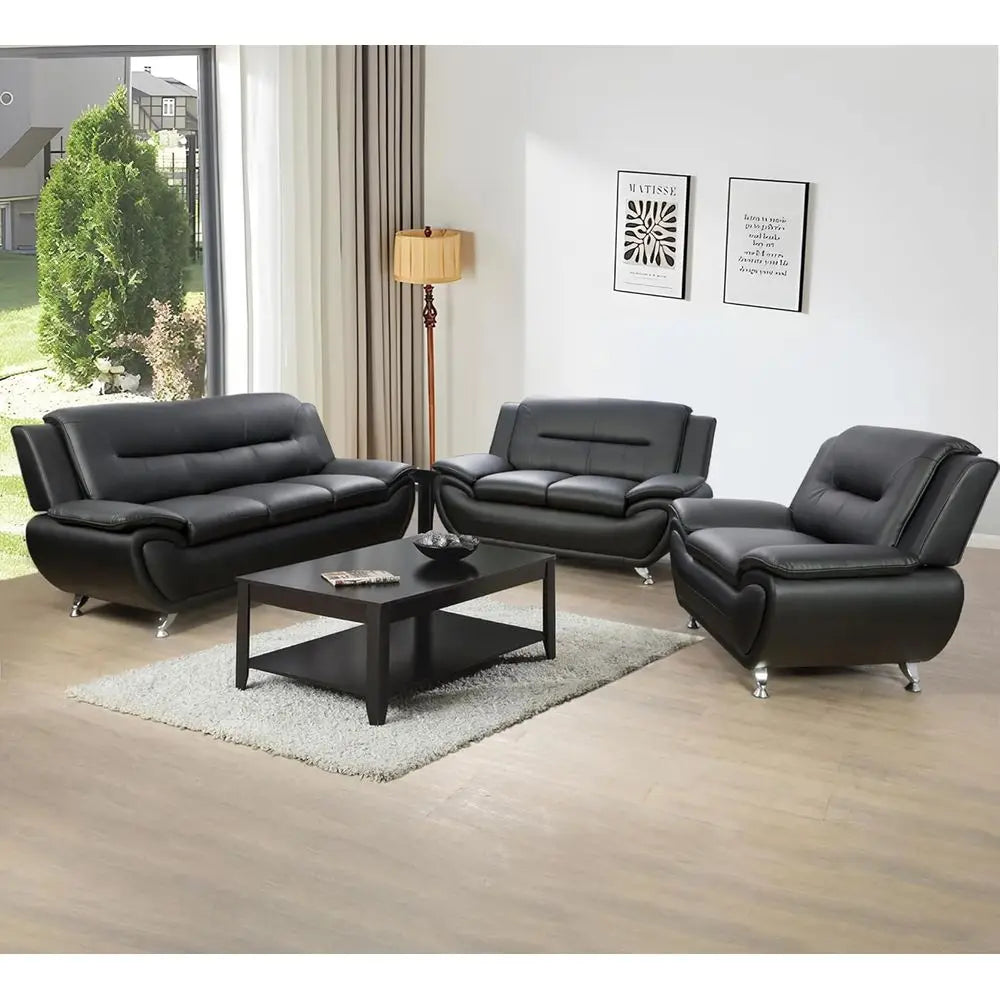 ern 3 Piece Living Room Couch Set, aux Leather Soa Set, Black
