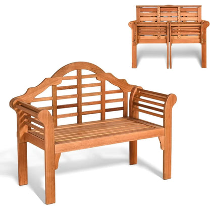 Outdoor 4ft Foldable Eucalyptus Wood Bench Two Person Loveseat with Curved Backrest Armrest for Garden Patio Porch Balcony