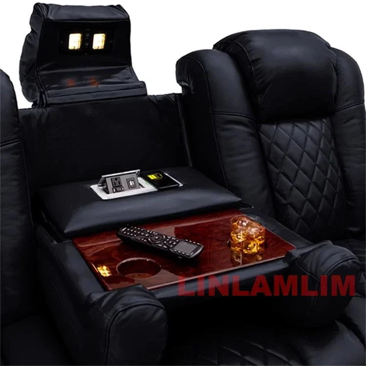 Luxury Dual Motors Power Reclining Sofa with LED Lighting, USB, Hidden Storage, Fold-Down Table & Tray – 3-Seat Recliner Sofa