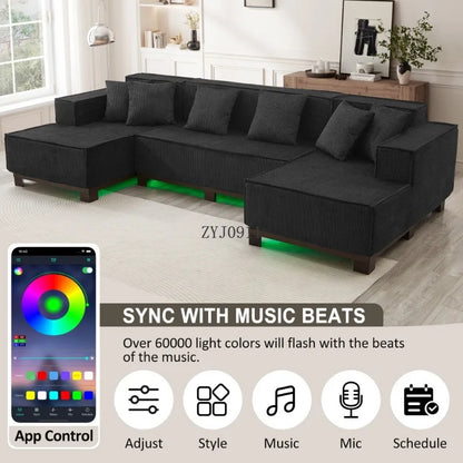 Modern U-Shaped Sectional Sofa 130" Sectional Sofa Upholstered Sofa with RGB LED Light Strip and 6 Pillows for Living Room