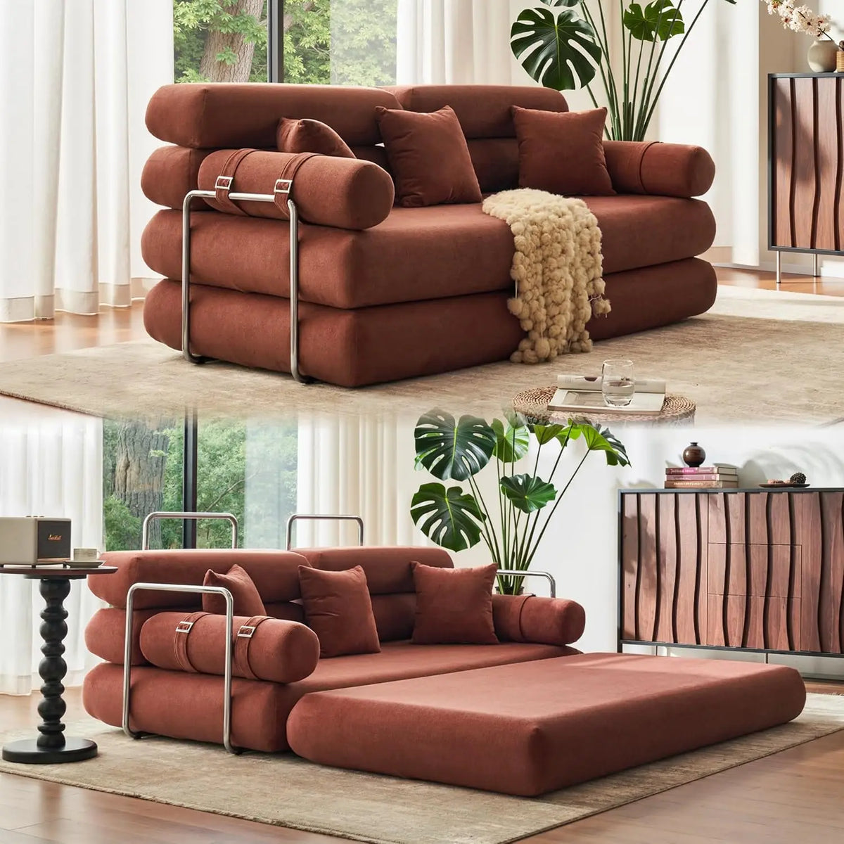 Convertible Sleeper Sofa - 35'' High-Back Floor Couch Bed - Folding Sofa Bed with Rounded Arm Supports - Floor Sofa Lounge