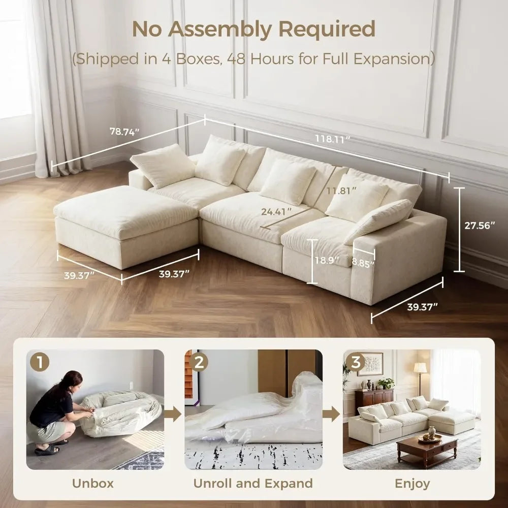 L-Shaped Boneless Cloud Couch, Modular Sectional Sofa with Ottoman, Extra-Wide Armrests, Deep Seat Sectional Couches,Customized