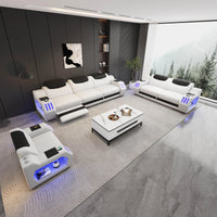 Modern Genuine Leather Massage Sectional Sofa Bed with Adjustable Headrests & LED Lights, Recliner Couch Set with Storage & USB
