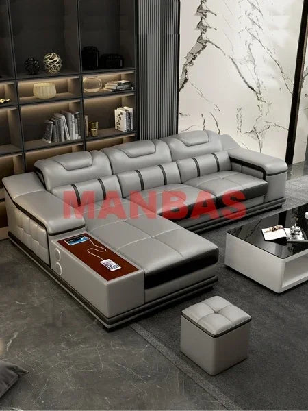 L-Shaped Modern Sectional Sofa Set with Chaise, Genuine Leather Reclining Couch with USB Charging Ports & Cup Holders, Couch Set