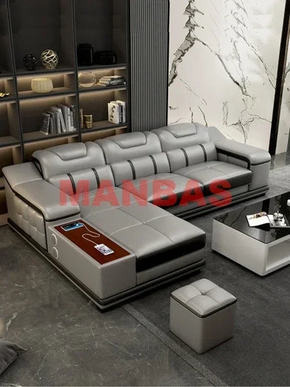 L-Shaped Modern Sectional Sofa Set with Chaise, Genuine Leather Reclining Couch with USB Charging Ports & Cup Holders, Couch Set