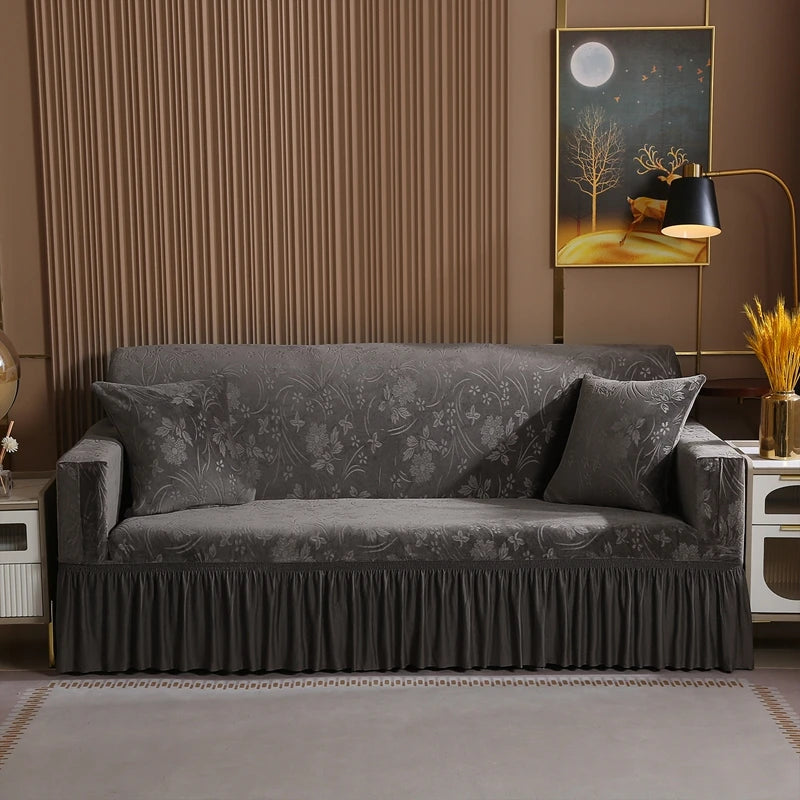 Luxury 1/2/3/4 Seater Slipcover with Elegant Skirt Solid Color Thickened Crystal Velvet Jacquard European Full Cover Non-Slip