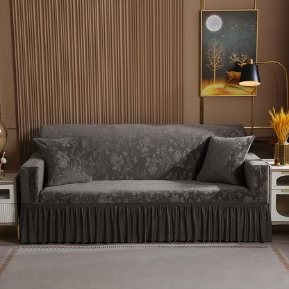 Elegant Stretchable Sofa Cover with Skirt for 1/2/3/4 Seater Soft Velvet Non-Slip Elastic Luxury Solid Color