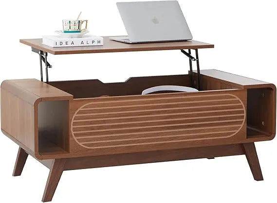Small Lift Top Coffee Table with Hidden Compartment, Mid Century Modern Curved Coffee Table with Storage Shelf, Wooden Rectangle
