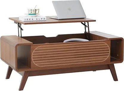Small Lift Top Coffee Table with Hidden Compartment, Mid Century Modern Curved Coffee Table with Storage Shelf, Wooden Rectangle