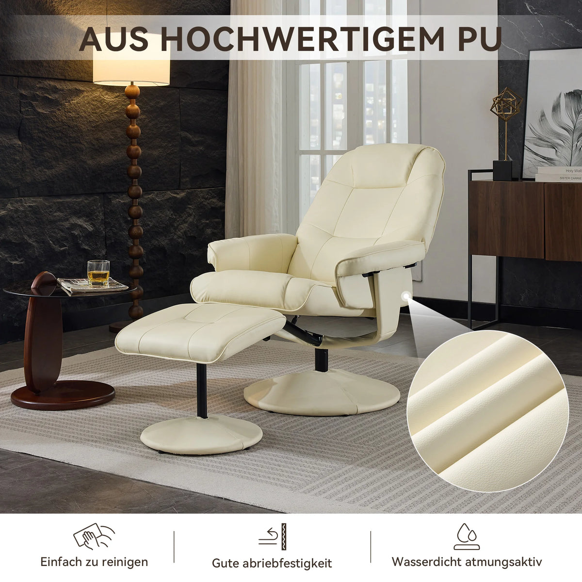 Massage chair with reclining function, heating & footstool, reclining TV chair made of PU fabric, 360° swivel, beige