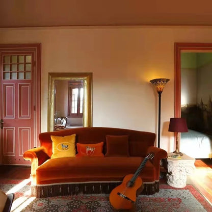 American single and double three people, small apartment retro, pull button tassel, living room high back fabric sofa