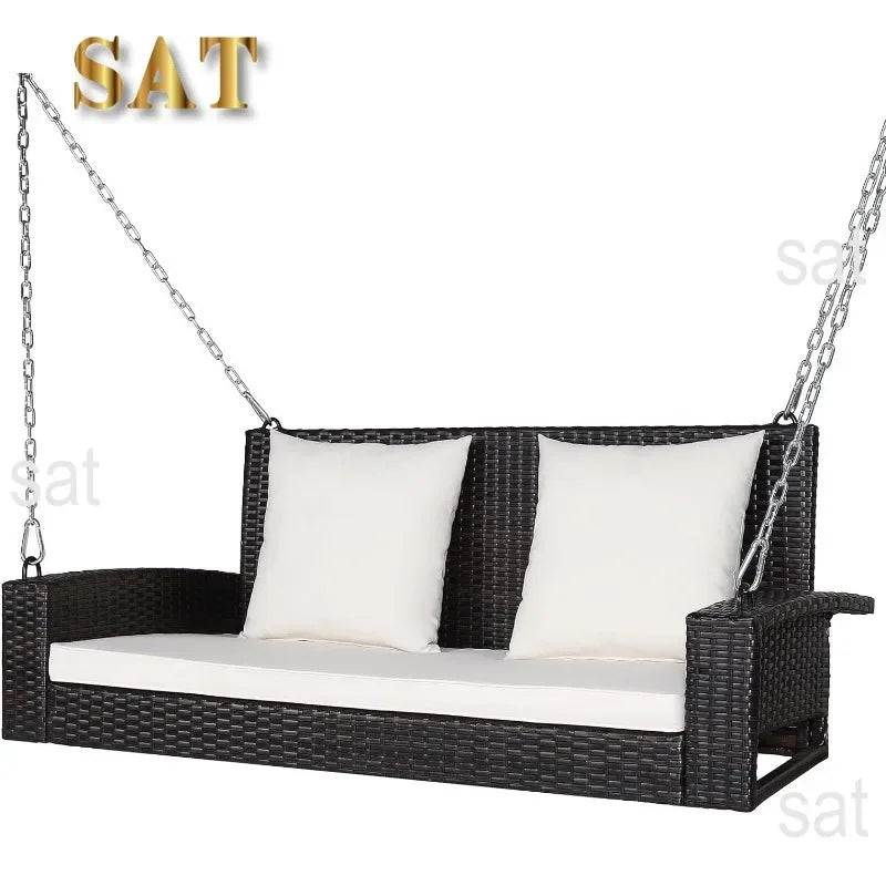l Hanging Porch Swing, 2-Person Outdoor Wicker Swing Chair Bench With Cushions, Steel Chains For Garden, Backyard, Deck L