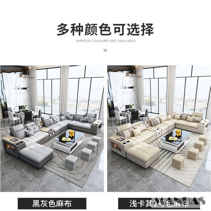 MINGDIBAO Nordic Fabric Sofa Set with Bluetooth Speaker & USB - Modern Living Room Modular Sofas Big U Shape Corner Cloth Couch