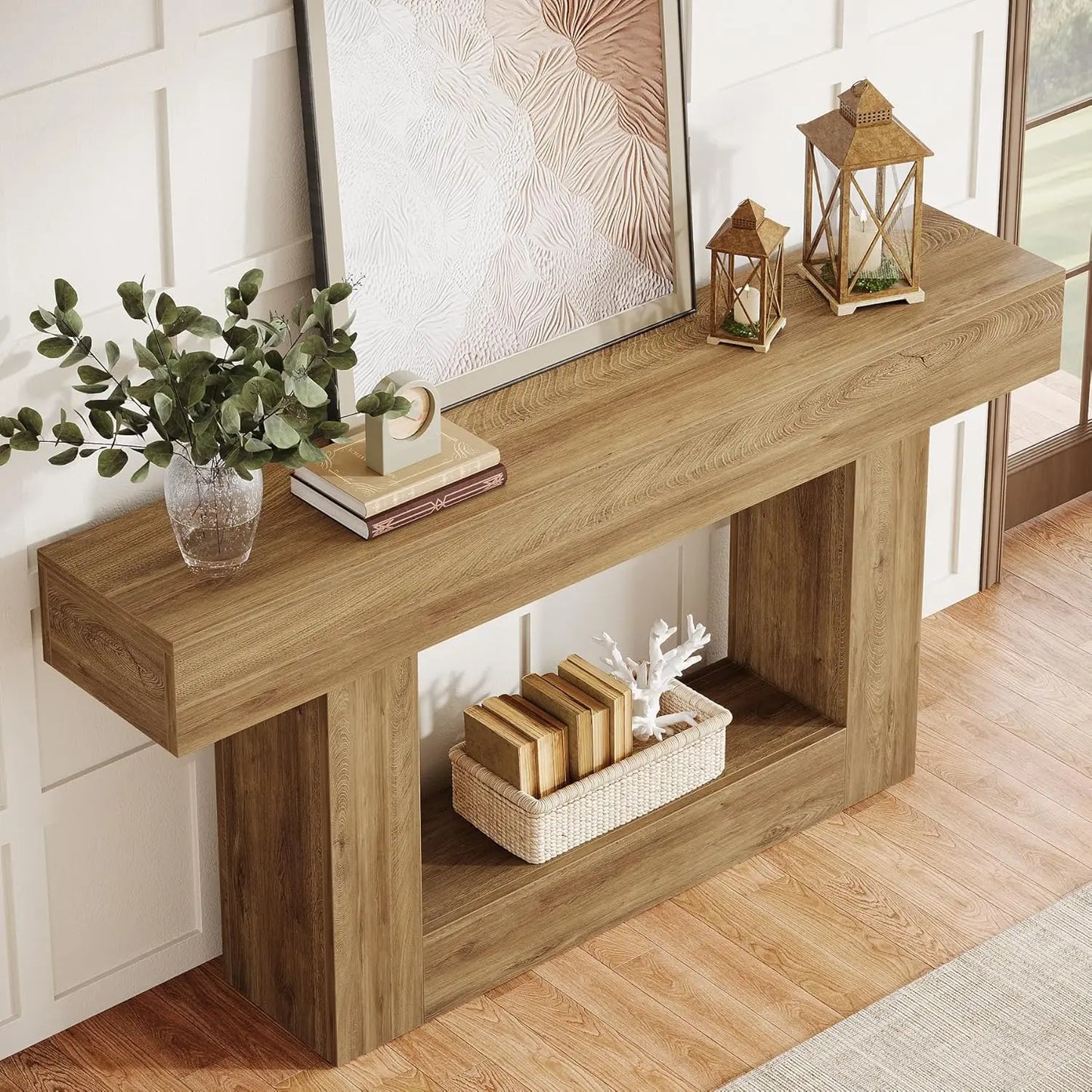 Rustic 2-Tier 63 Console Table with Storage for Entryway, Living Room, and Hallway in Brown & Gray