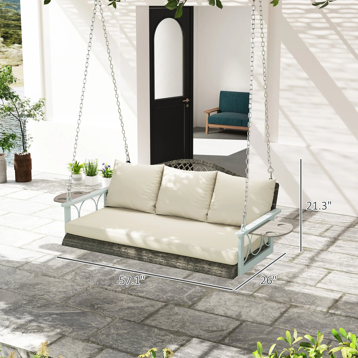 Outsunny 2 Person Wicker Hanging Porch Swing, 57 Inch Outdoor Porch Swing with Cup Holder, 800 Lbs Rattan Outdoor Patio Swing