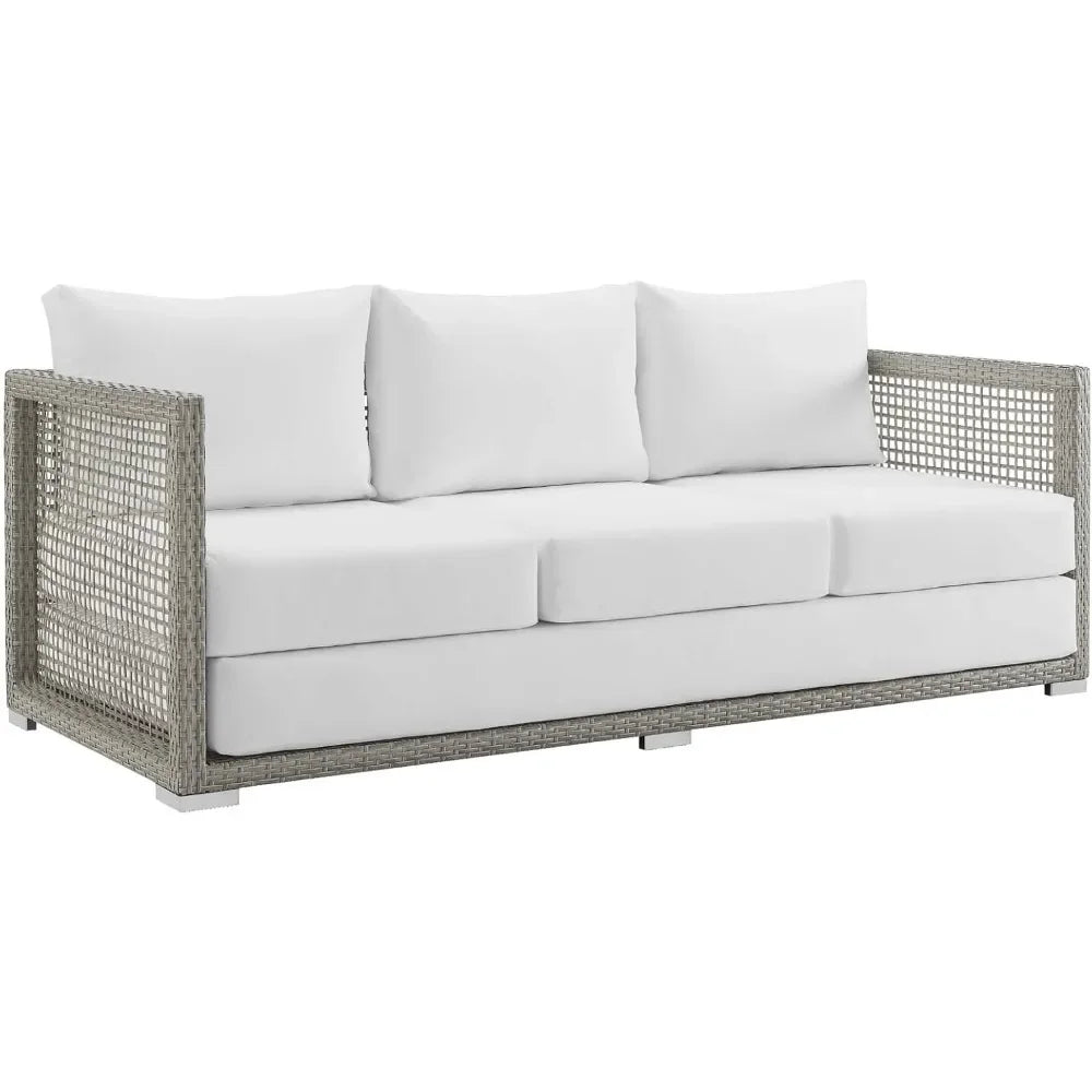 Gray and White Wicker Outdoor Patio Sofa Couch