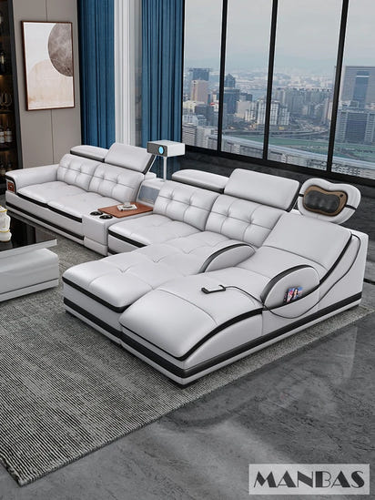 Linlamlim Luxury Genuine Leather Sectional Sofa with Adjustable Headrests, Projector, Speaker and Storage for Living Room Couch