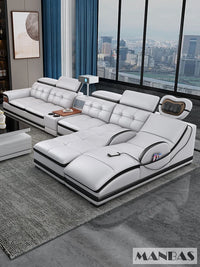Linlamlim Luxury Genuine Leather Sectional Sofa with Adjustable Headrests, Projector, Speaker and Storage for Living Room Couch