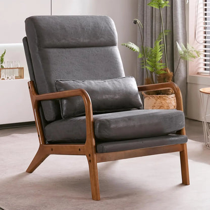 Mid-Century Modern Chair with Pillow High Back Bronzing Cloth Upholstered Lounge Arm Chair with Solid Wood Frame & Soft Cushion