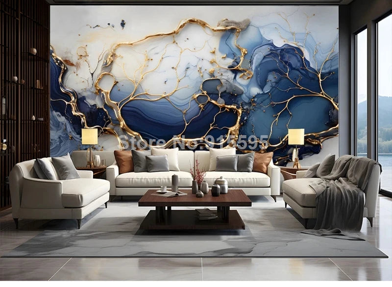 Custom Large Size 3D Wallpaper Modern Mable Golden Blue Wall Paper for Living Room TV Background Mural Canvas Home Decoration