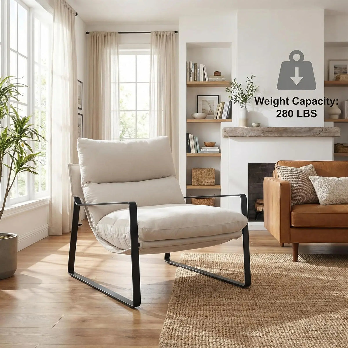 Modern Linen Accent Armchair Upholstered Soft Living Room Chair with Removable Cushion White