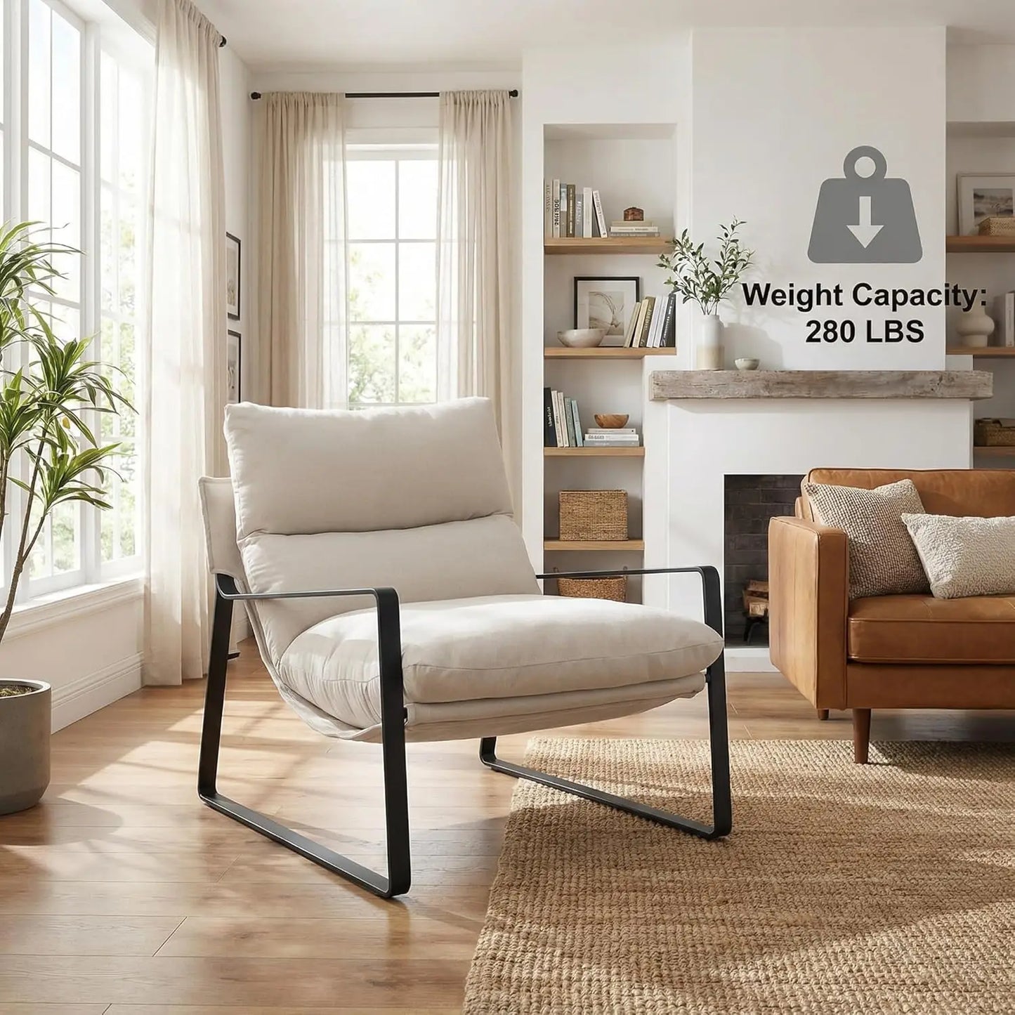Modern Linen Accent Armchair Upholstered Soft Living Room Chair with Removable Cushion White