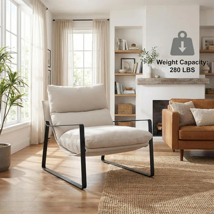 Modern Linen Accent Armchair Upholstered Soft Living Room Chair with Removable Cushion White