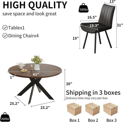 Mid-Century Modern Round Dining Table Set for 4, Walnut Wood Table & Black Chairs, Small Space Furniture