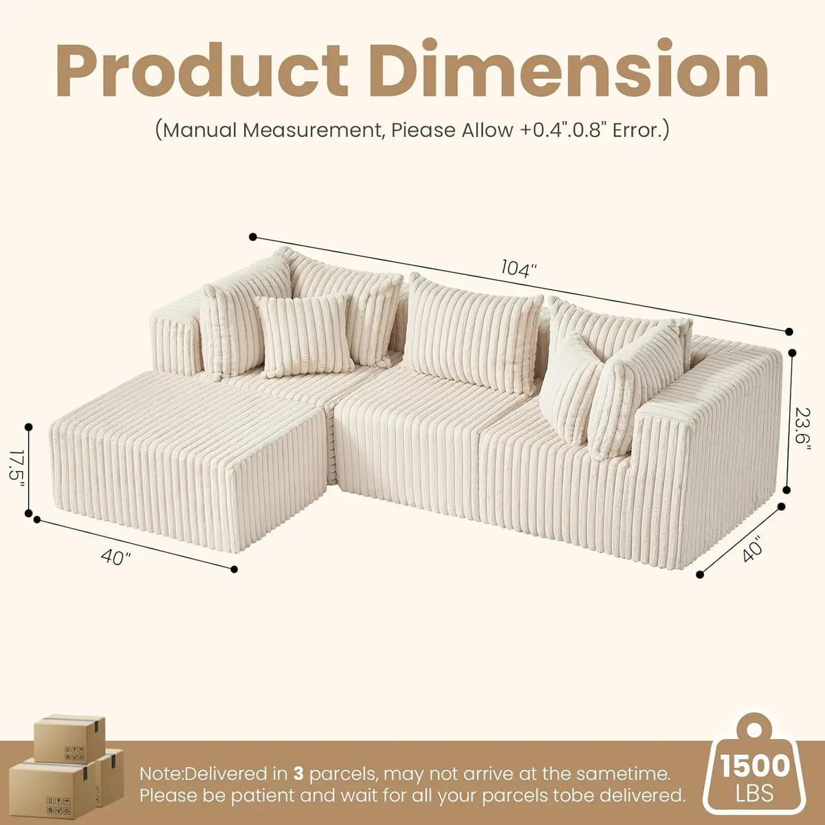 104 Inch Cloud Couch Sectional,Corduroy Boneless Couches For Living Room,L-Shaped Modular Sectional Sofa With Removable Ottoman