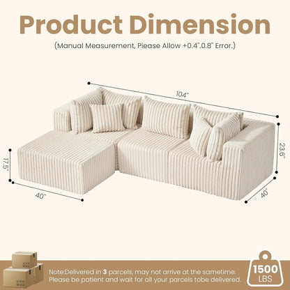 104 Inch Cloud Couch Sectional,Corduroy Boneless Couches For Living Room,L-Shaped Modular Sectional Sofa With Removable Ottoman