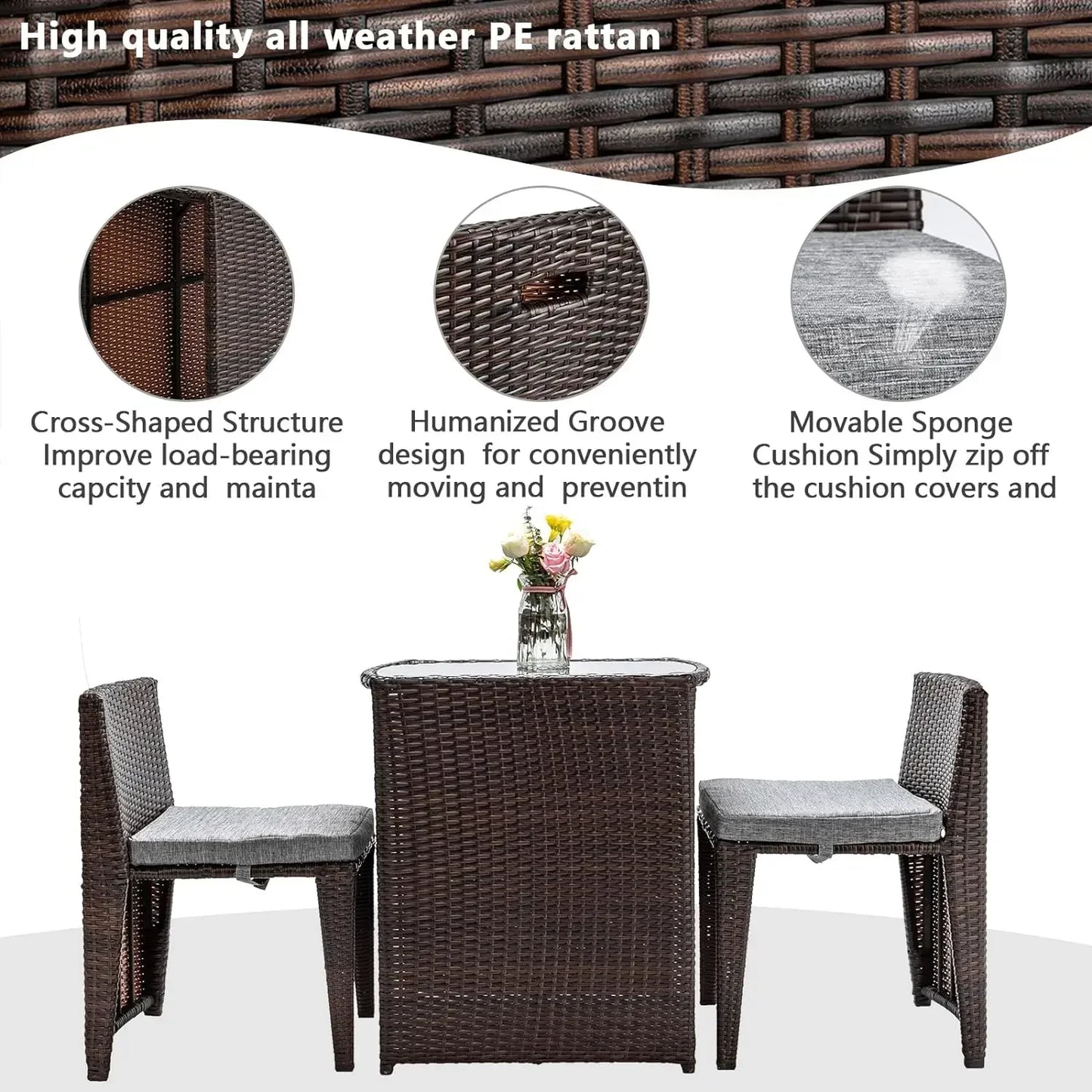 Hot Wicker Outdoor Patio Bistro Set Patio Furniture Set For Small Space With Glass Top Table Dining Chairs